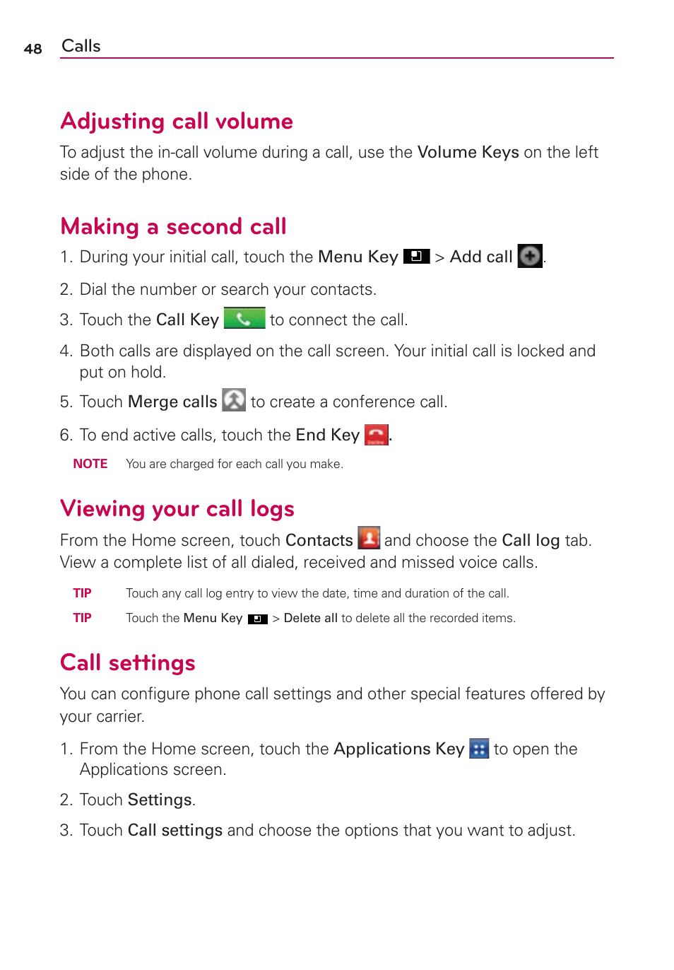 Adjusting call volume, Making a second call, Viewing your call logs | Call settings | LG LGMS695 User Manual | Page 50 / 157