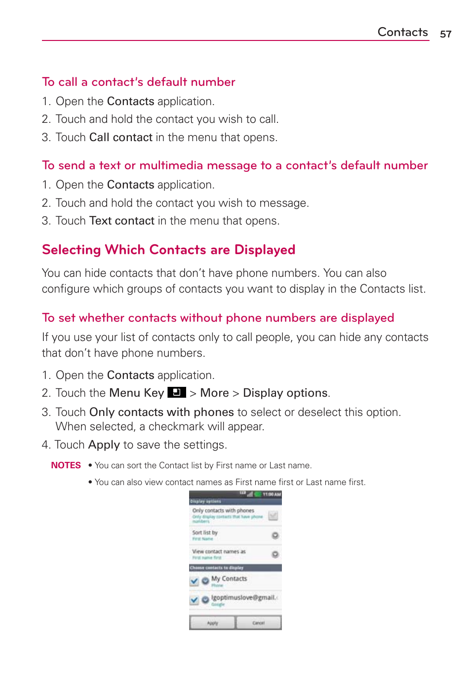 Selecting which contacts are displayed, Contacts to call a contact’s default number | LG LGMS695 User Manual | Page 59 / 157