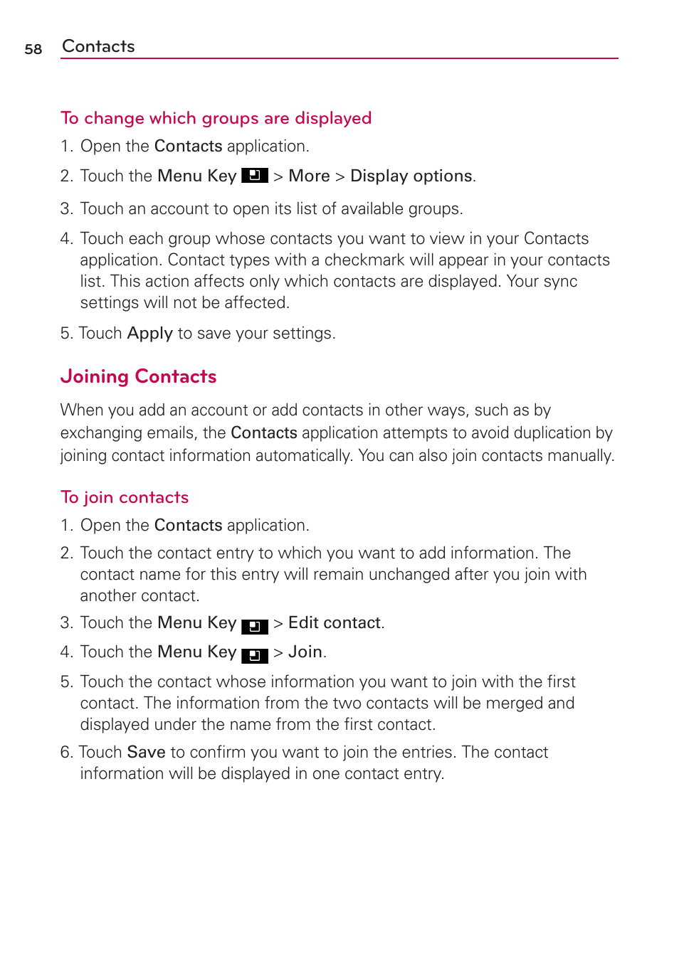 Joining contacts | LG LGMS695 User Manual | Page 60 / 157
