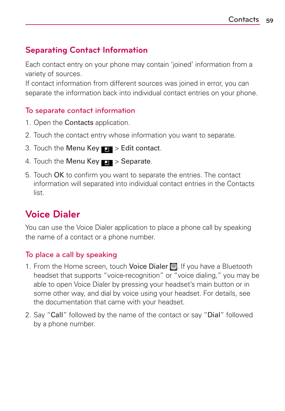 Voice dialer, Separating contact information | LG LGMS695 User Manual | Page 61 / 157