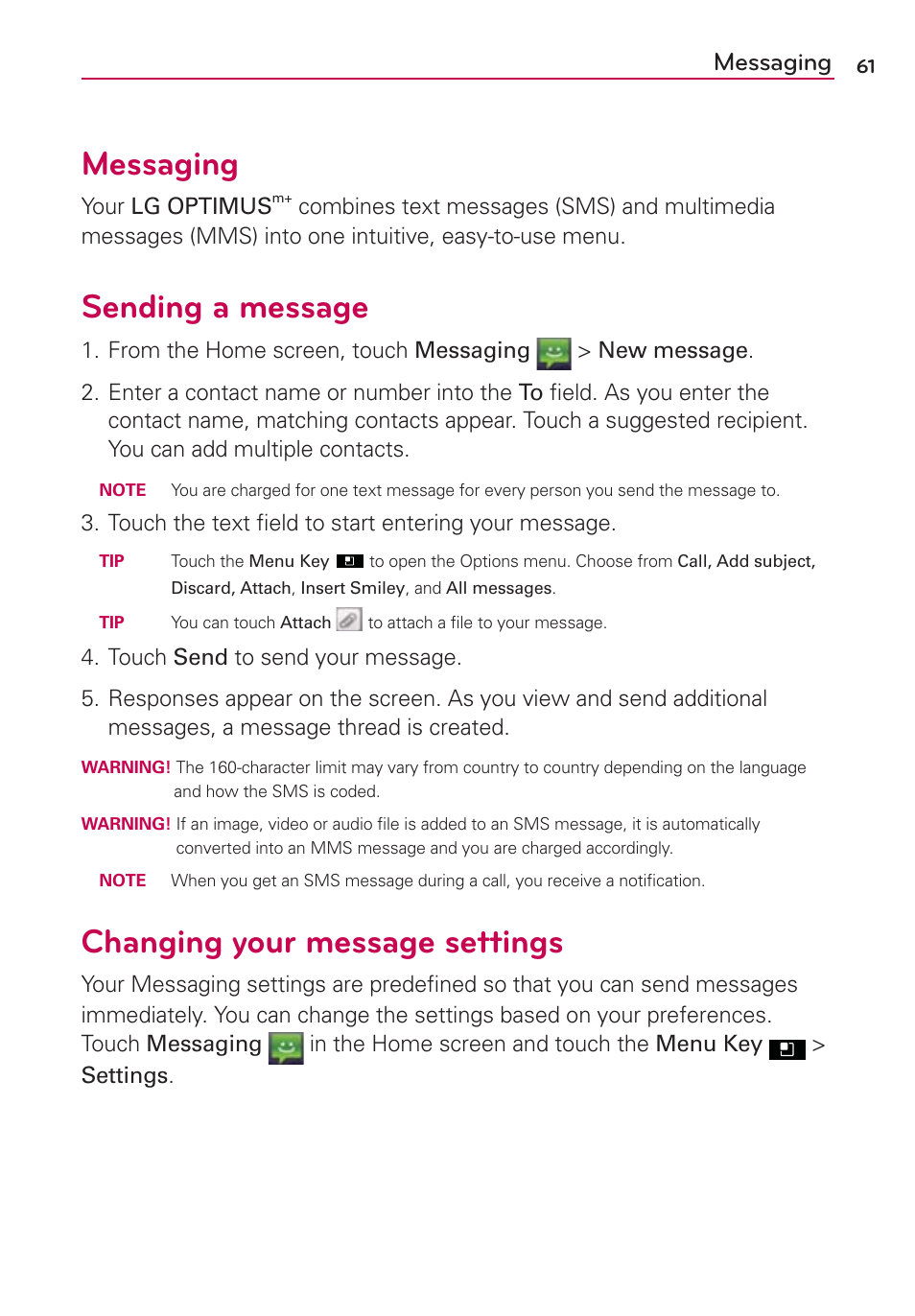 Messaging, Sending a message, Changing your message settings | LG LGMS695 User Manual | Page 63 / 157