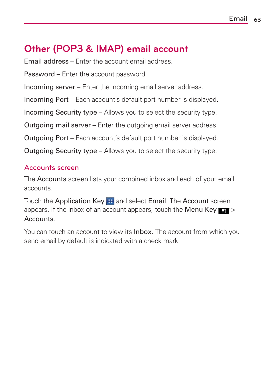 Other (pop3 & imap) email account | LG LGMS695 User Manual | Page 65 / 157
