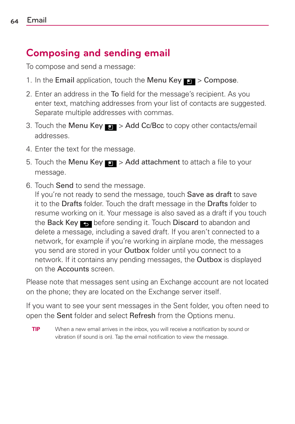 Composing and sending email | LG LGMS695 User Manual | Page 66 / 157