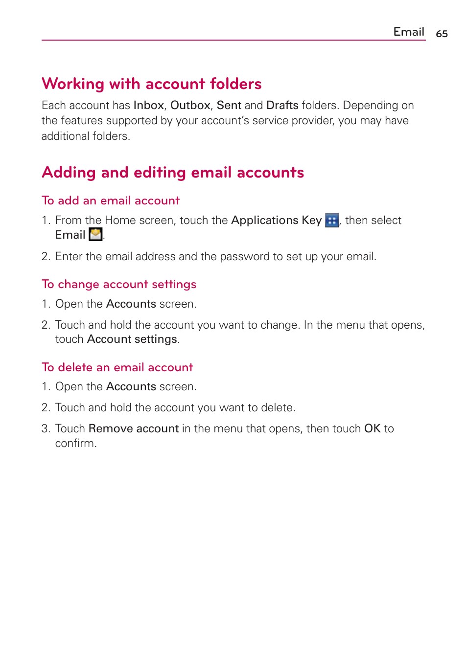Working with account folders, Adding and editing email accounts | LG LGMS695 User Manual | Page 67 / 157