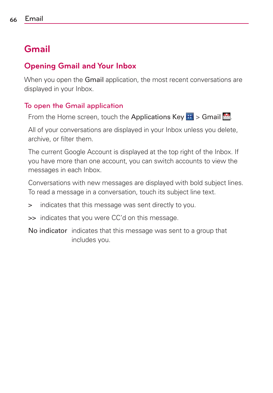 Gmail, Opening gmail and your inbox | LG LGMS695 User Manual | Page 68 / 157