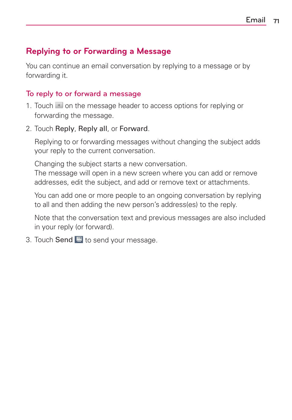 Replying to or forwarding a message | LG LGMS695 User Manual | Page 73 / 157