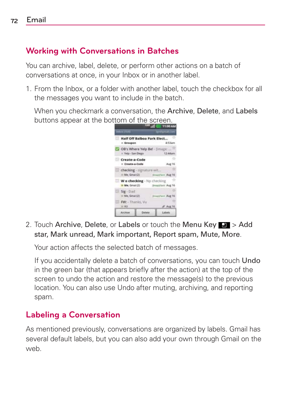 Working with conversations in batches, Labeling a conversation | LG LGMS695 User Manual | Page 74 / 157