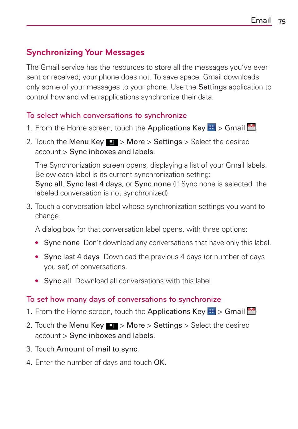 Synchronizing your messages, Email | LG LGMS695 User Manual | Page 77 / 157