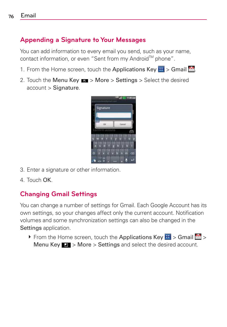 Appending a signature to your messages, Changing gmail settings | LG LGMS695 User Manual | Page 78 / 157