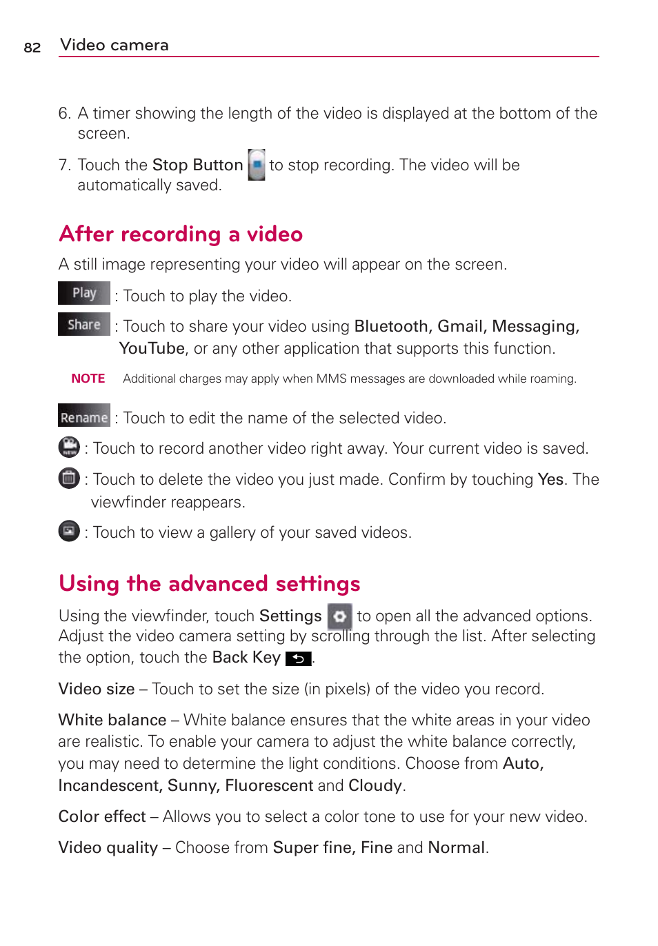 After recording a video, Using the advanced settings | LG LGMS695 User Manual | Page 84 / 157