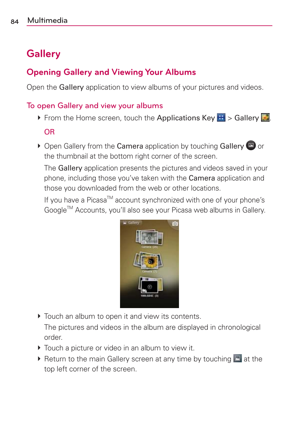 Multimedia, Gallery, Opening gallery and viewing your albums | LG LGMS695 User Manual | Page 86 / 157