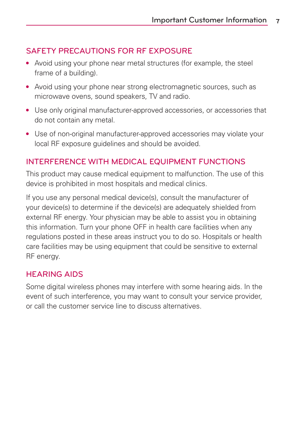 Interference with medical equipment functions, Hearing aids | LG LGMS695 User Manual | Page 9 / 157