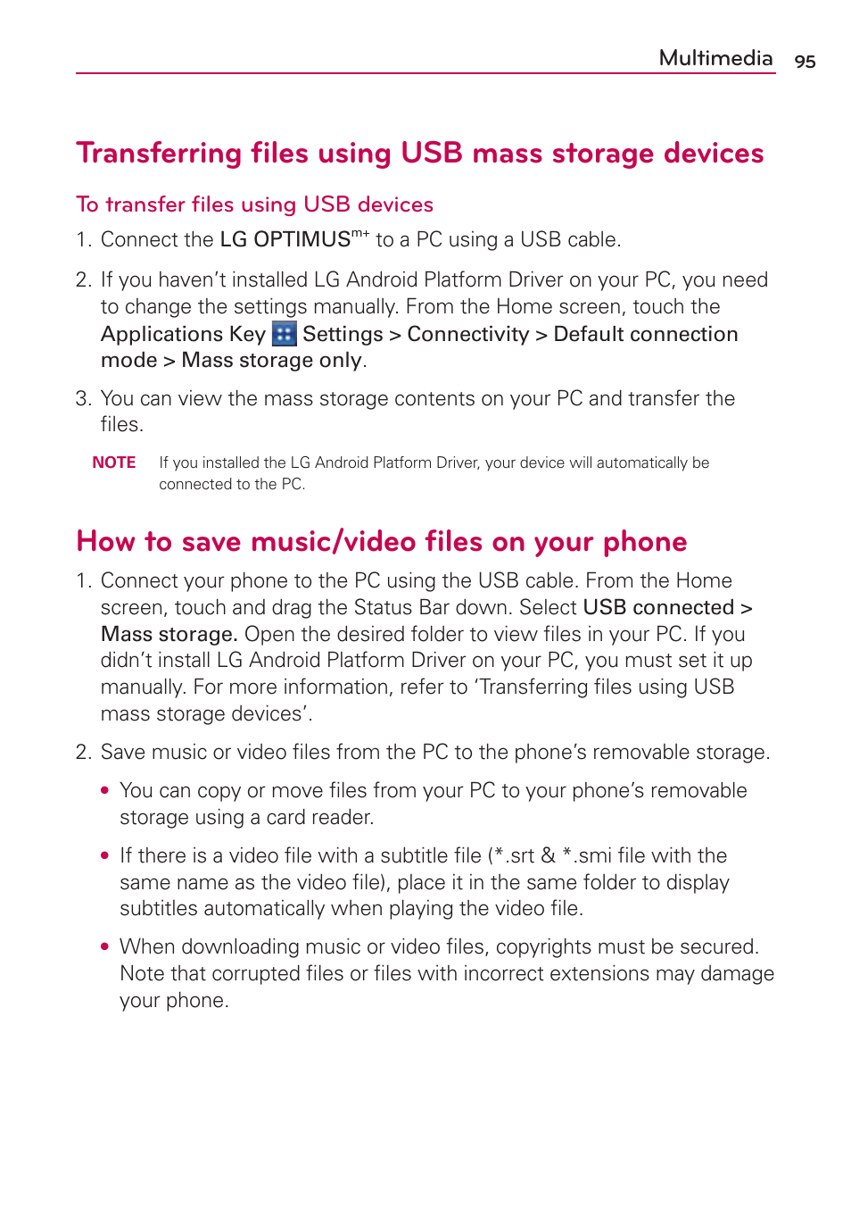 Transferring ﬁles using usb mass storage devices, How to save music/video ﬁles on your phone, Multimedia | LG LGMS695 User Manual | Page 97 / 157