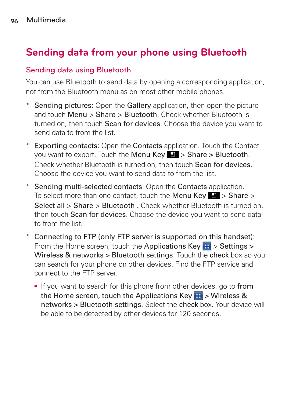 Sending data from your phone using bluetooth | LG LGMS695 User Manual | Page 98 / 157