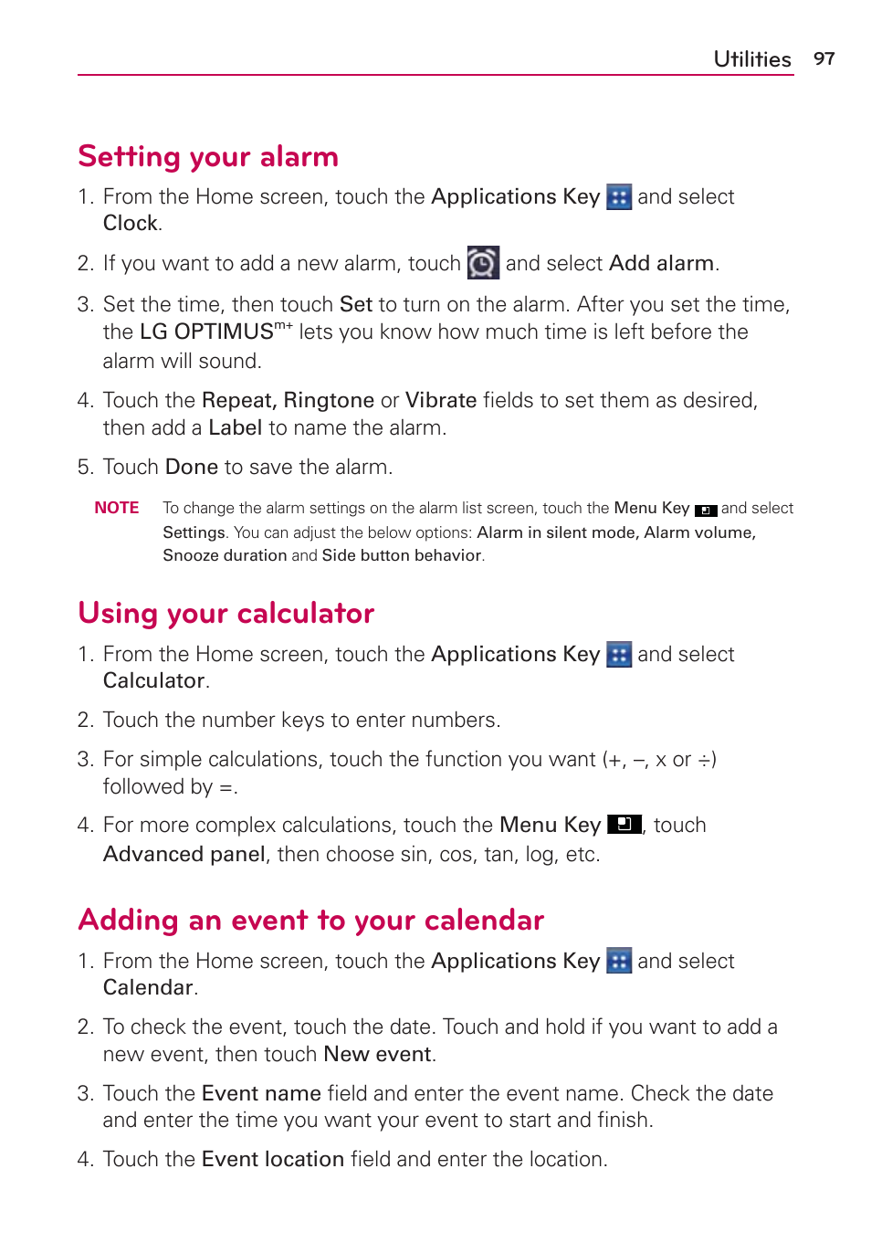 Utilities, Setting your alarm, Using your calculator | Adding an event to your calendar | LG LGMS695 User Manual | Page 99 / 157
