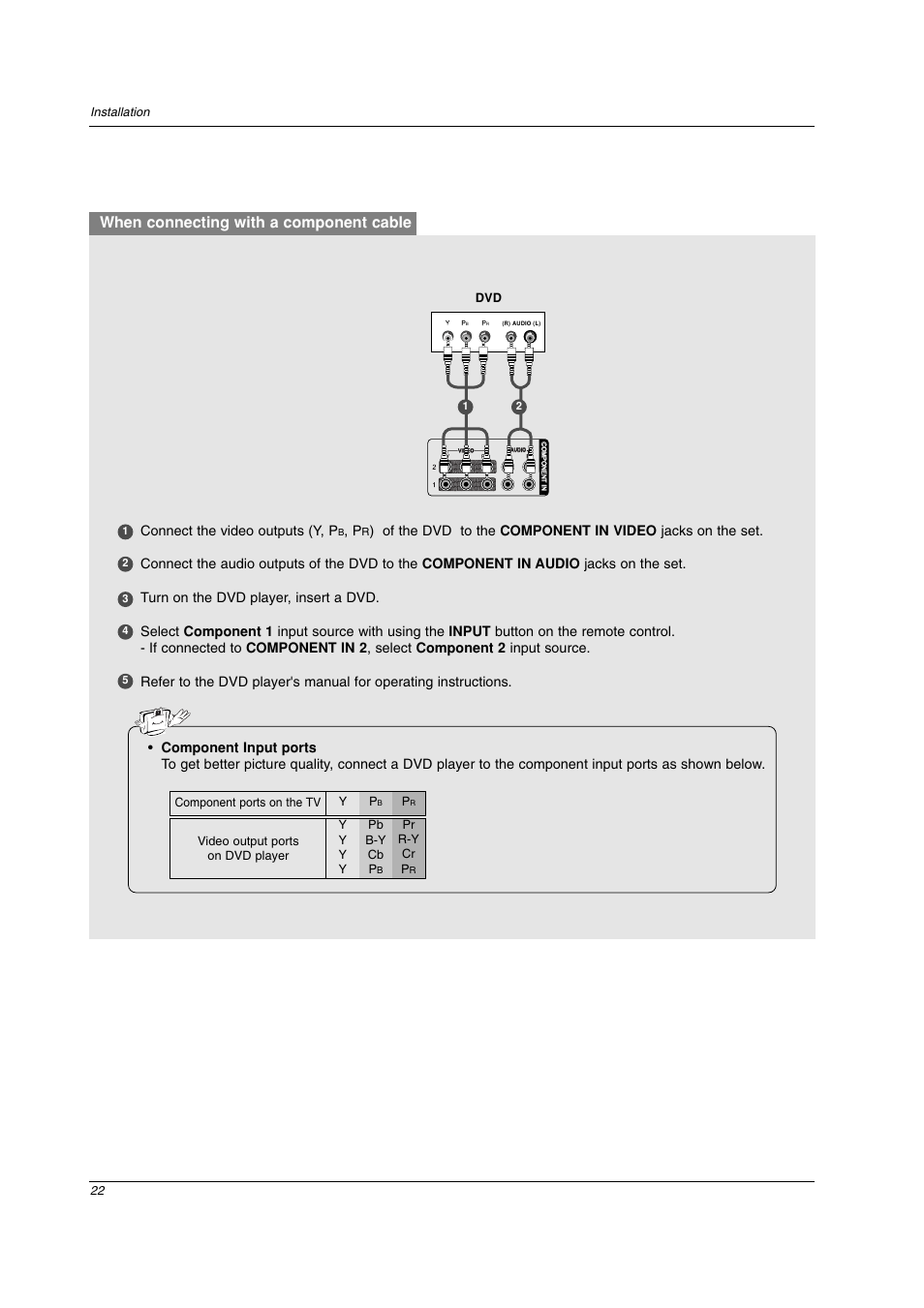 When connecting with a component cable, Connect the video outputs (y, p | LG 42PC3DV-UE User Manual | Page 22 / 68