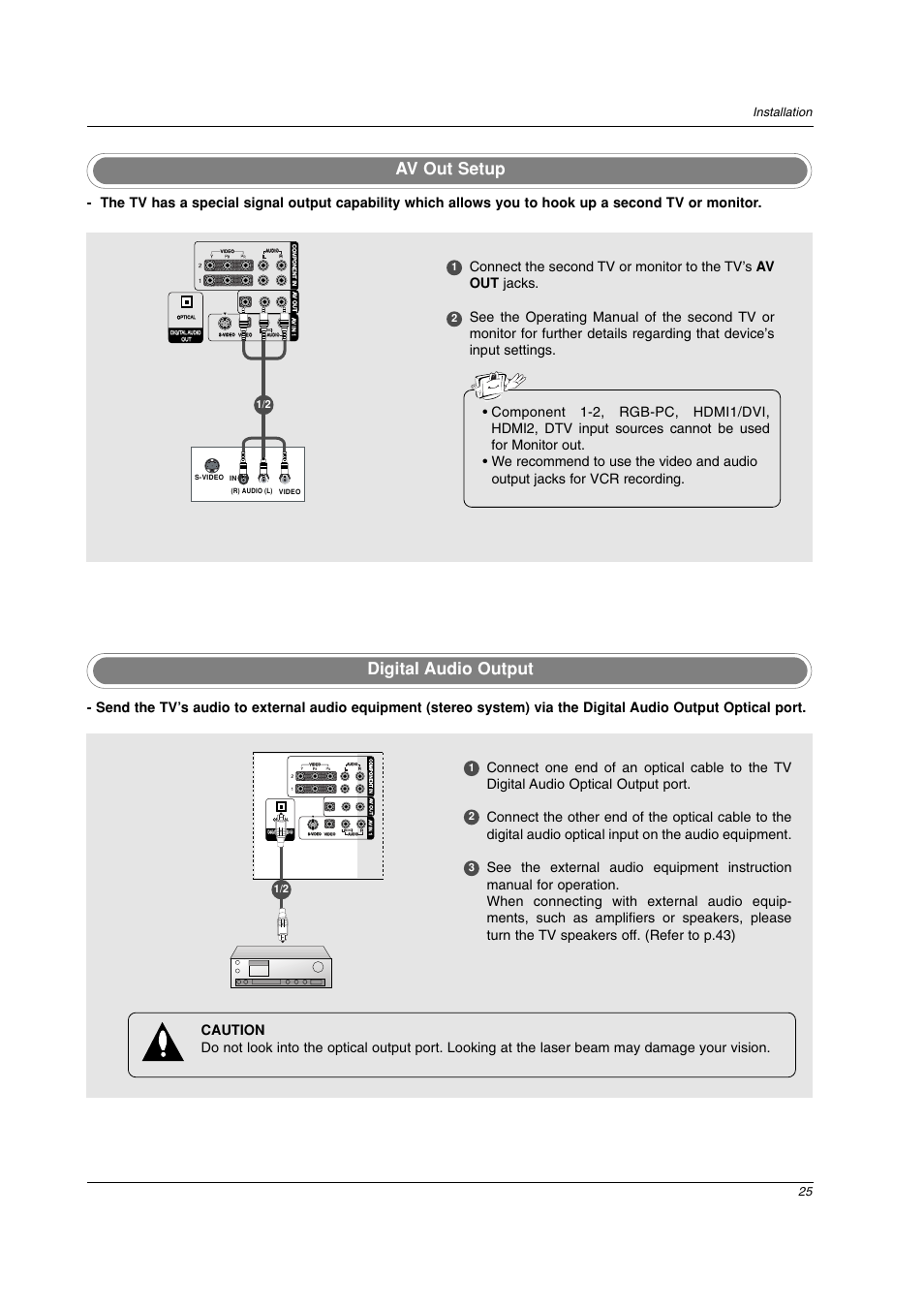 Digital audio output, Av out setup, 25 installation | LG 42PC3DV-UE User Manual | Page 25 / 68