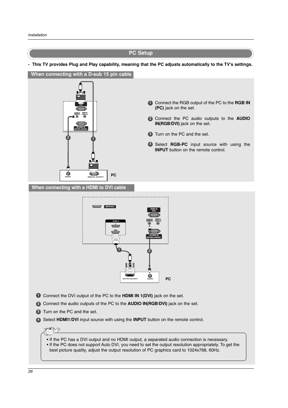 Pc setup, When connecting with a d-sub 15 pin cable, When connecting with a hdmi to dvi cable | 26 installation | LG 42PC3DV-UE User Manual | Page 26 / 68