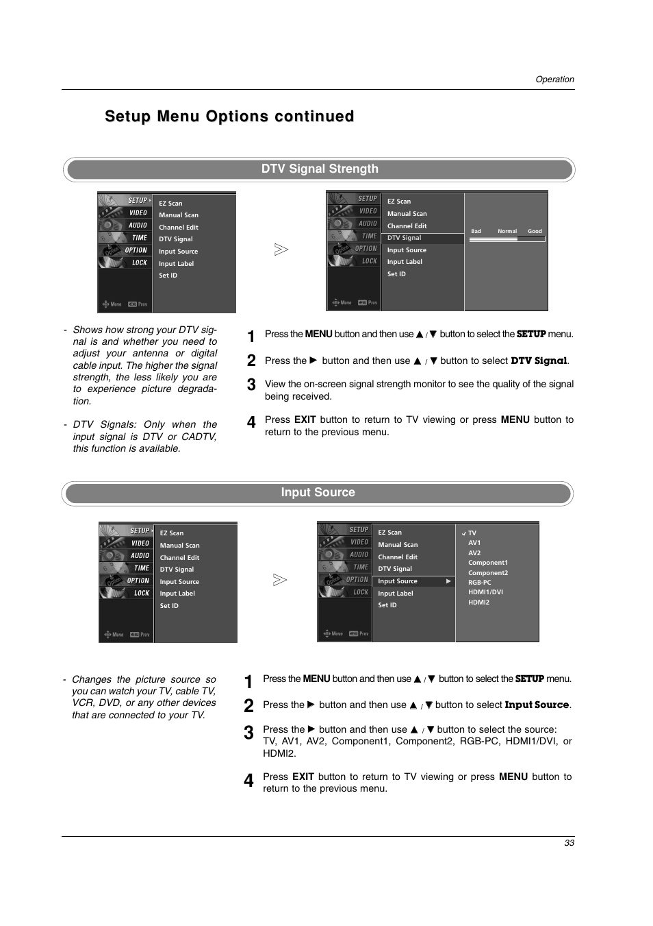 Setup menu options continued, Dtv signal strength, Input source | LG 42PC3DV-UE User Manual | Page 33 / 68