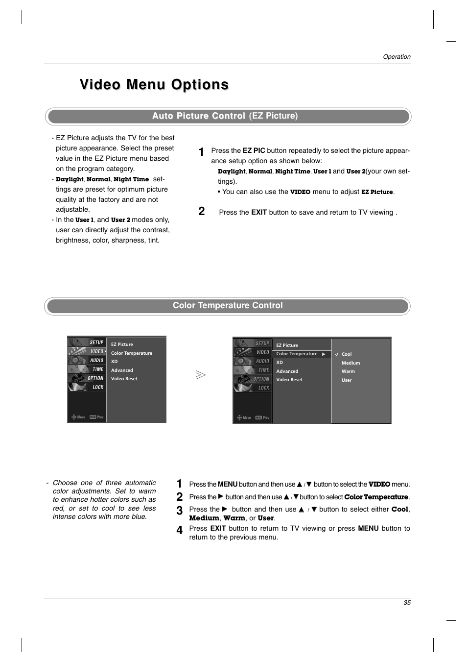 Video menu options ideo menu options, Auto picture control, Auto picture control ( ( ez picture) | Color temperature control | LG 42PC3DV-UE User Manual | Page 35 / 68