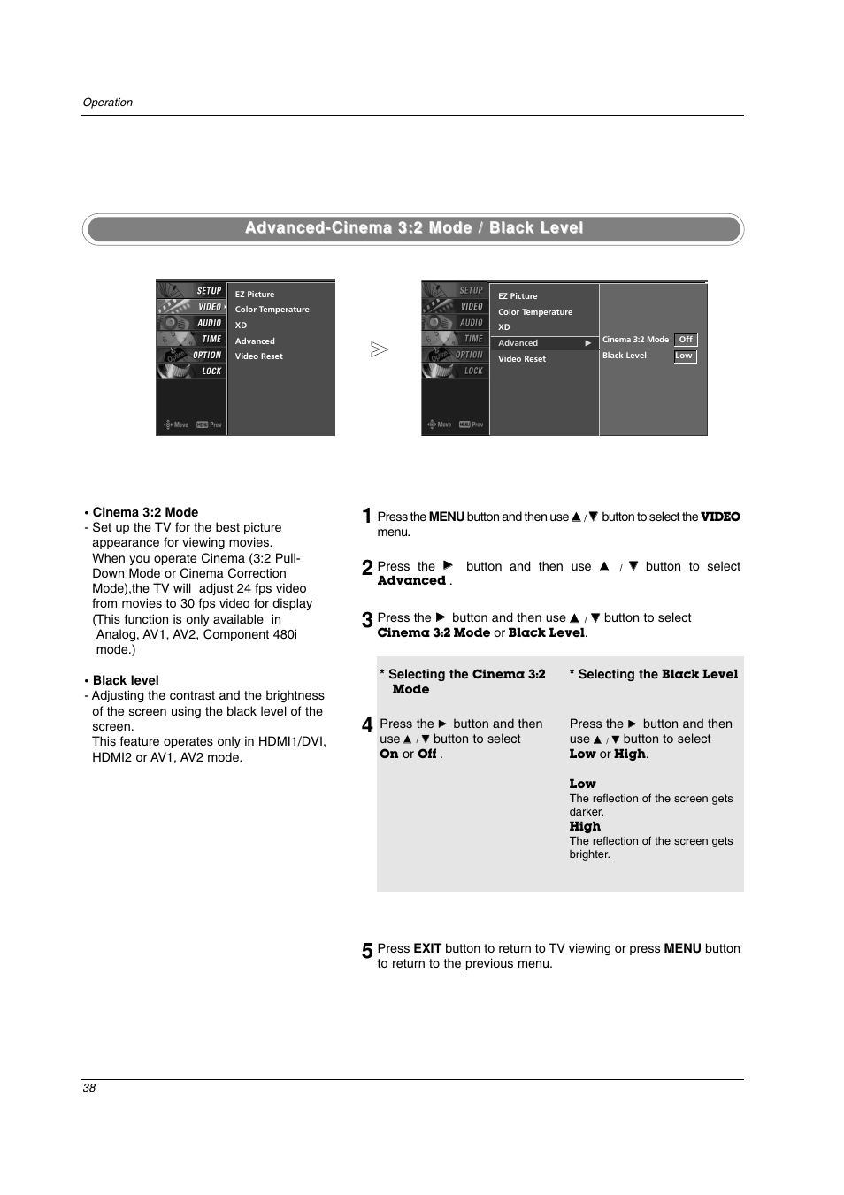 Advanced-cinema 3:2 mode / black level | LG 42PC3DV-UE User Manual | Page 38 / 68