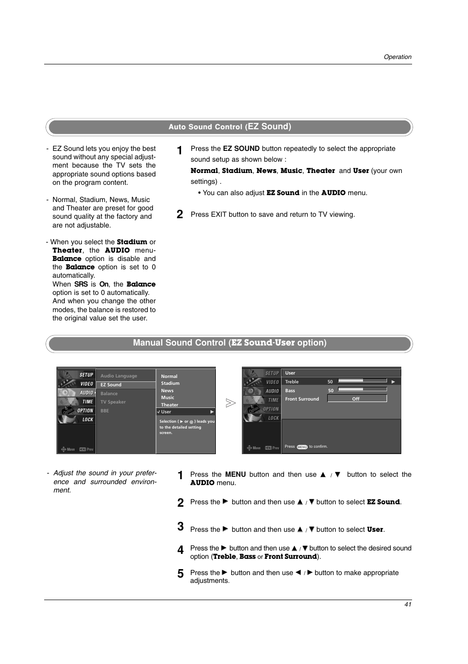 Ez sound) manual sound control, Option) | LG 42PC3DV-UE User Manual | Page 41 / 68