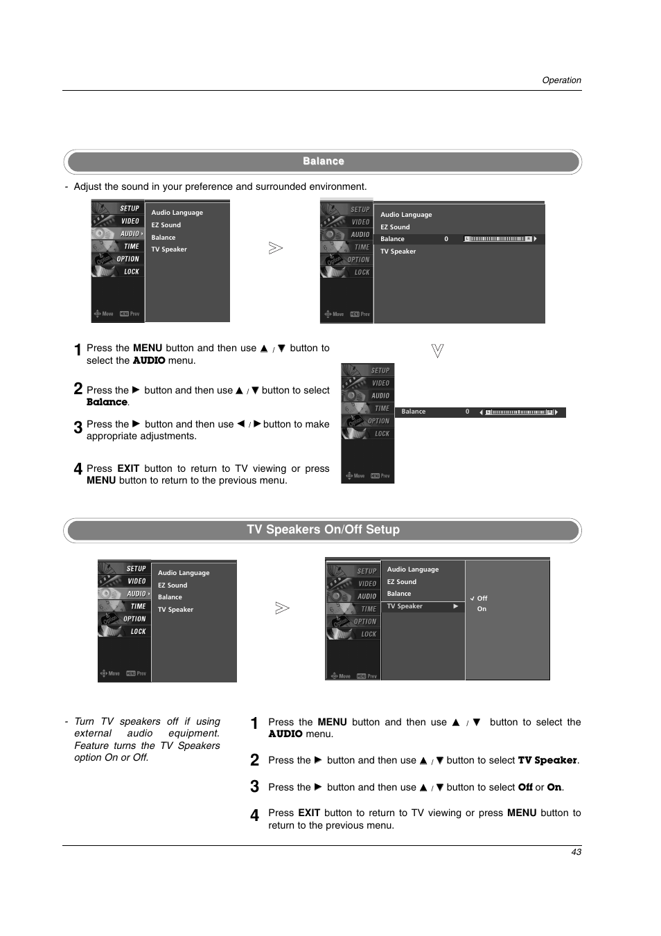 Tv speakers on/off setup | LG 42PC3DV-UE User Manual | Page 43 / 68