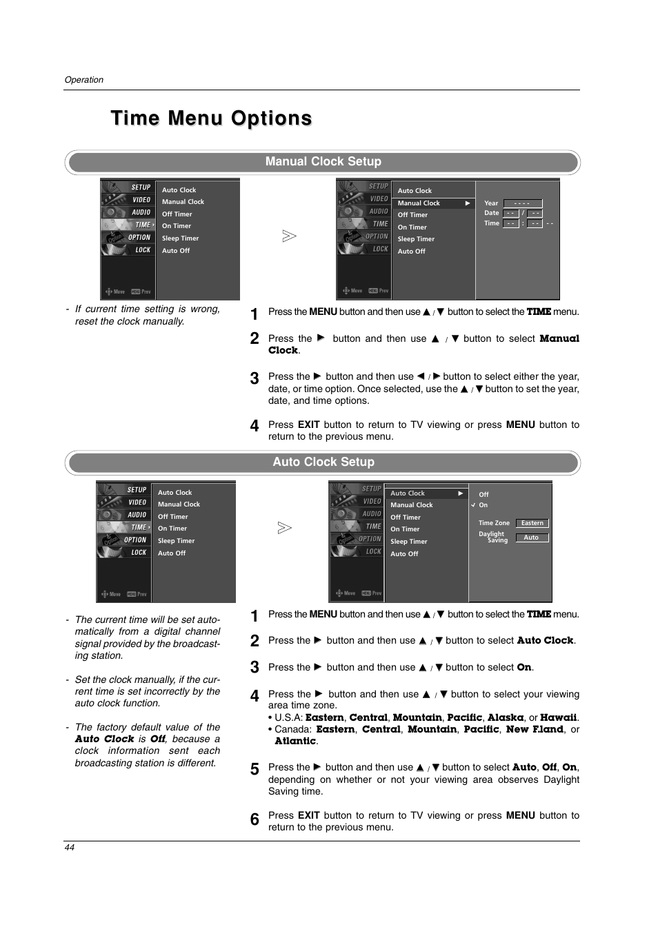 Time menu options ime menu options, Auto clock setup manual clock setup | LG 42PC3DV-UE User Manual | Page 44 / 68