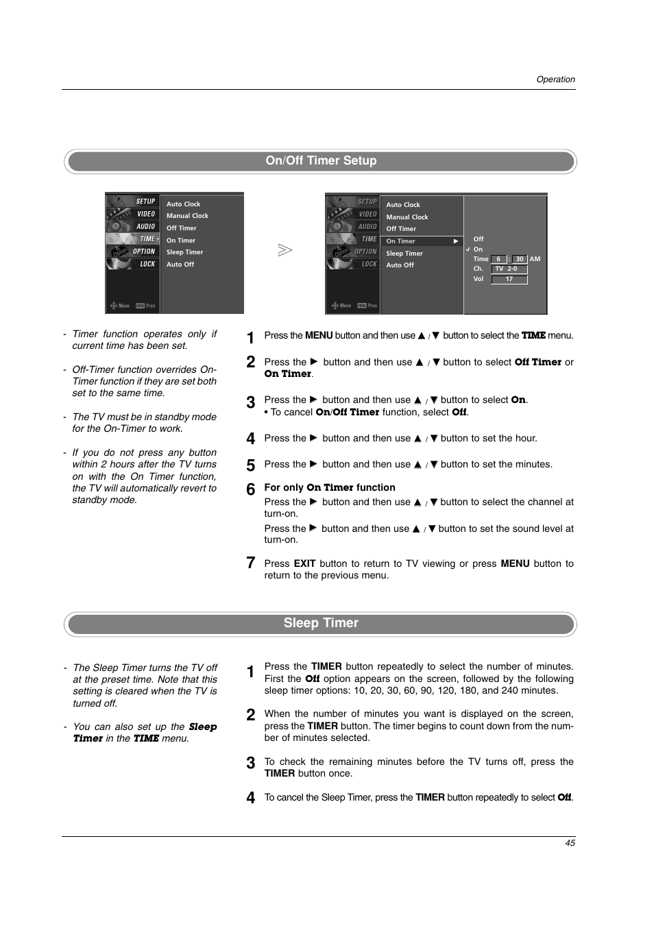 Sleep timer, On/off timer setup | LG 42PC3DV-UE User Manual | Page 45 / 68