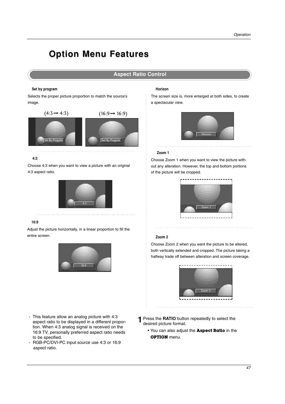 Option menu features, Aspect ratio control | LG 42PC3DV-UE User Manual | Page 47 / 68