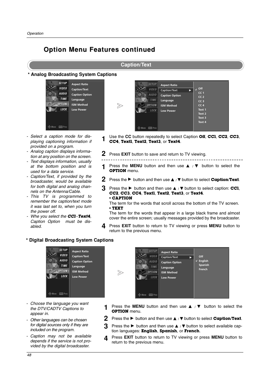 Option menu features continued, Caption/text | LG 42PC3DV-UE User Manual | Page 48 / 68