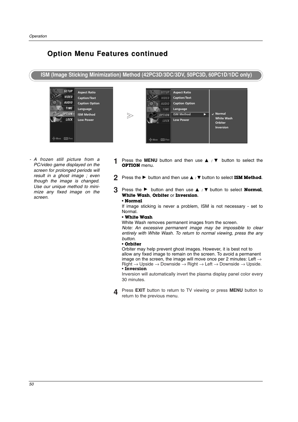 Option menu features continued | LG 42PC3DV-UE User Manual | Page 50 / 68