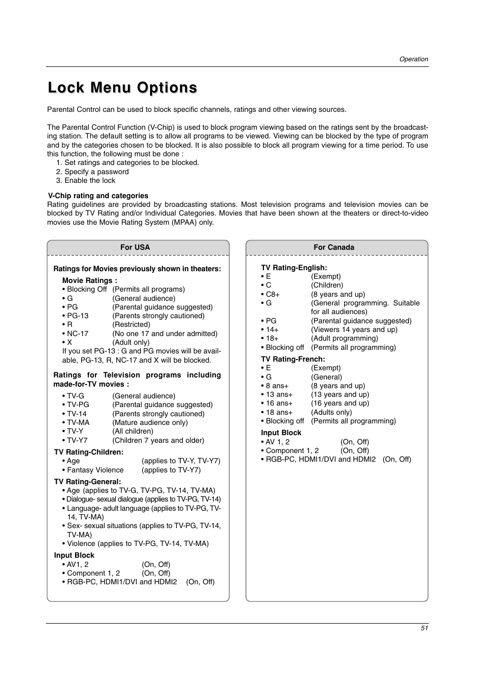 Lock menu options | LG 42PC3DV-UE User Manual | Page 51 / 68