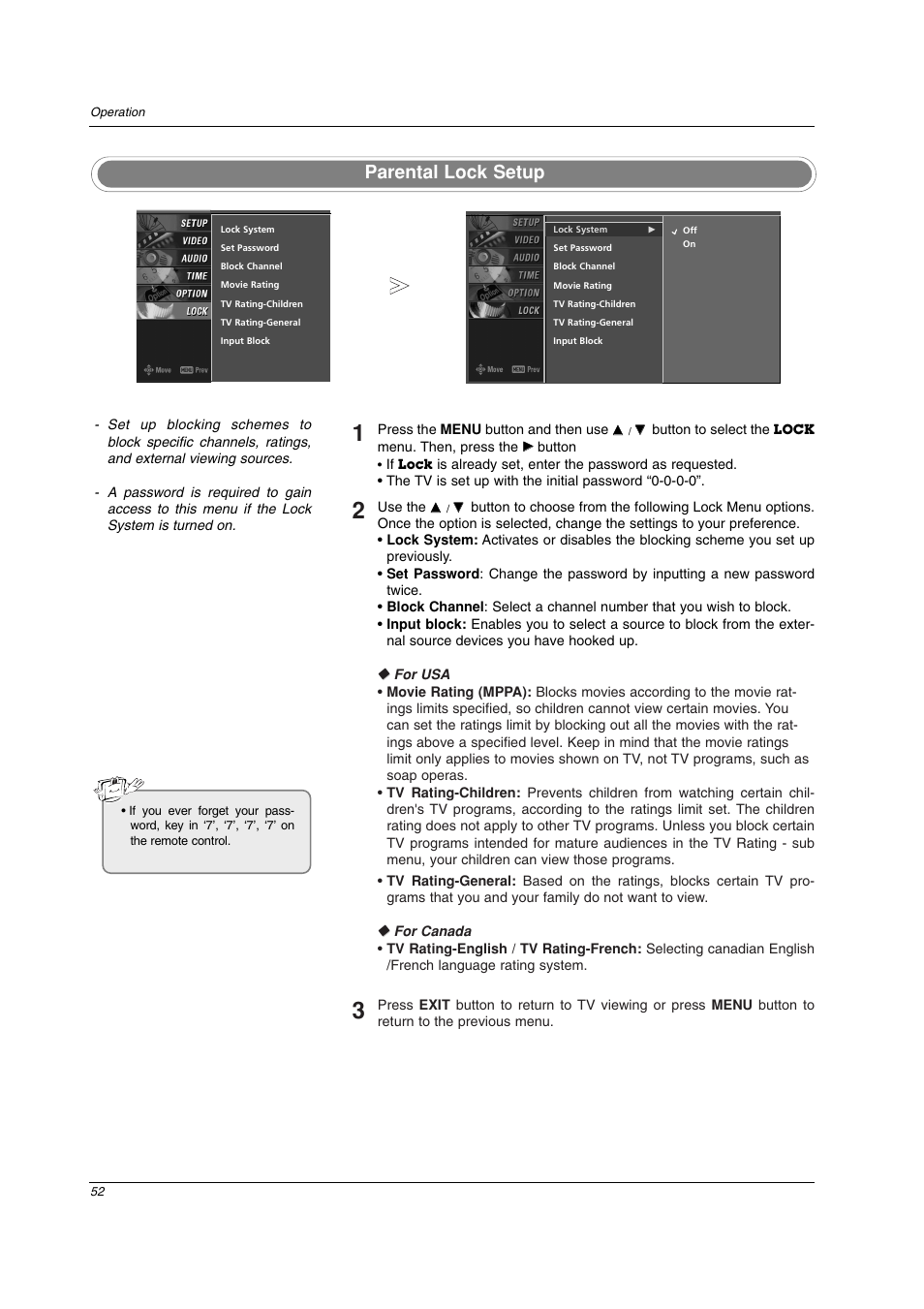Parental lock setup | LG 42PC3DV-UE User Manual | Page 52 / 68