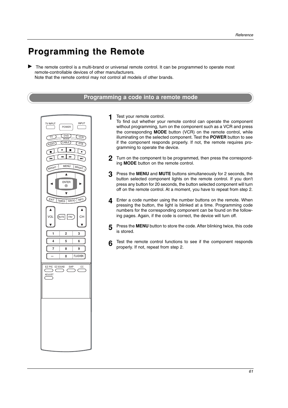 Programming the remote, Programming a code into a remote mode | LG 42PC3DV-UE User Manual | Page 61 / 68