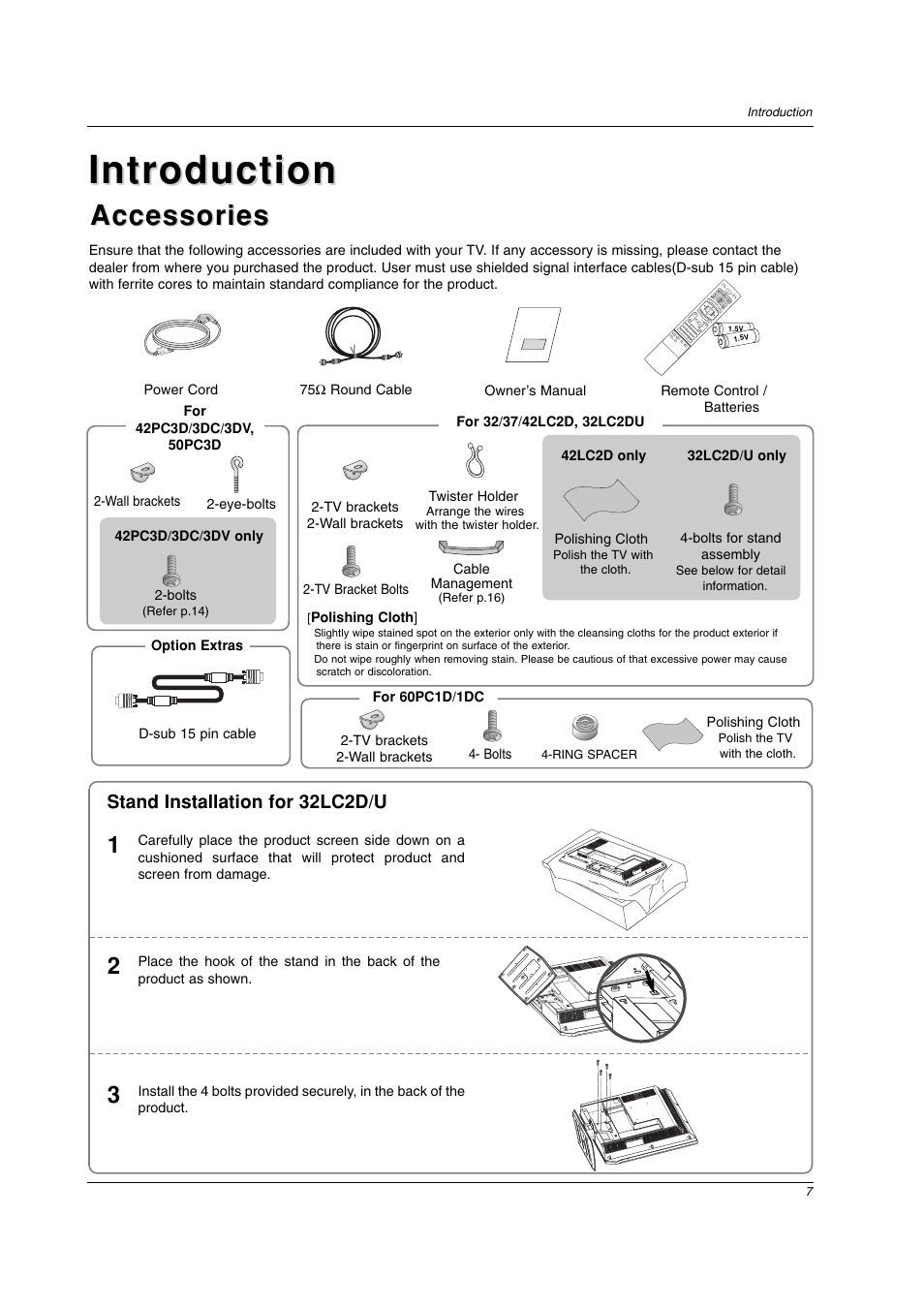 Introduction, Accessories, Stand installation for 32lc2d/u | LG 42PC3DV-UE User Manual | Page 7 / 68