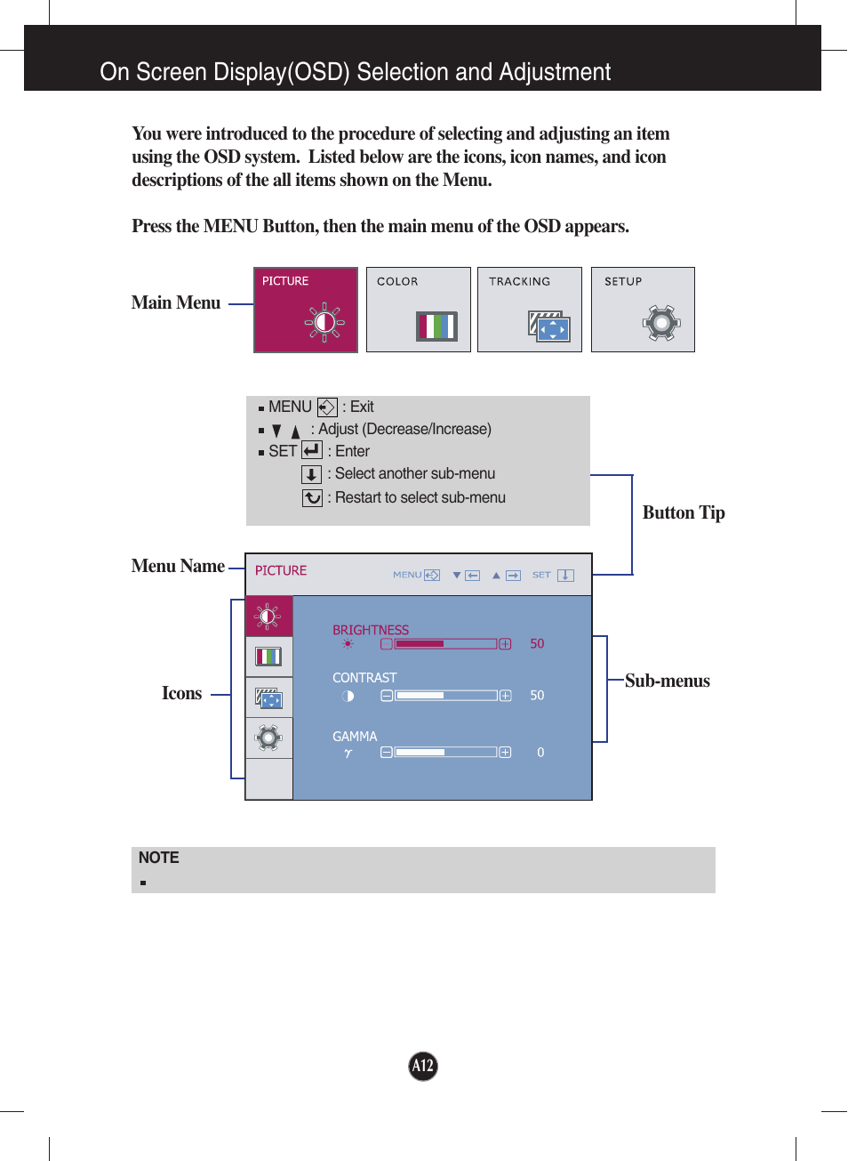 On screen display(osd) selection and adjustment | LG L1942SE-BF User Manual | Page 13 / 25