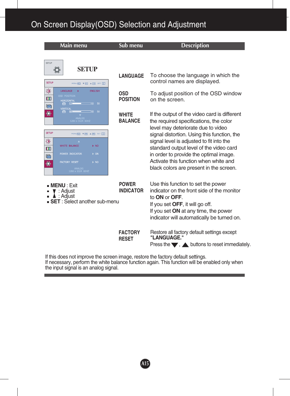 Setup, On screen display(osd) selection and adjustment | LG L1942SE-BF User Manual | Page 16 / 25