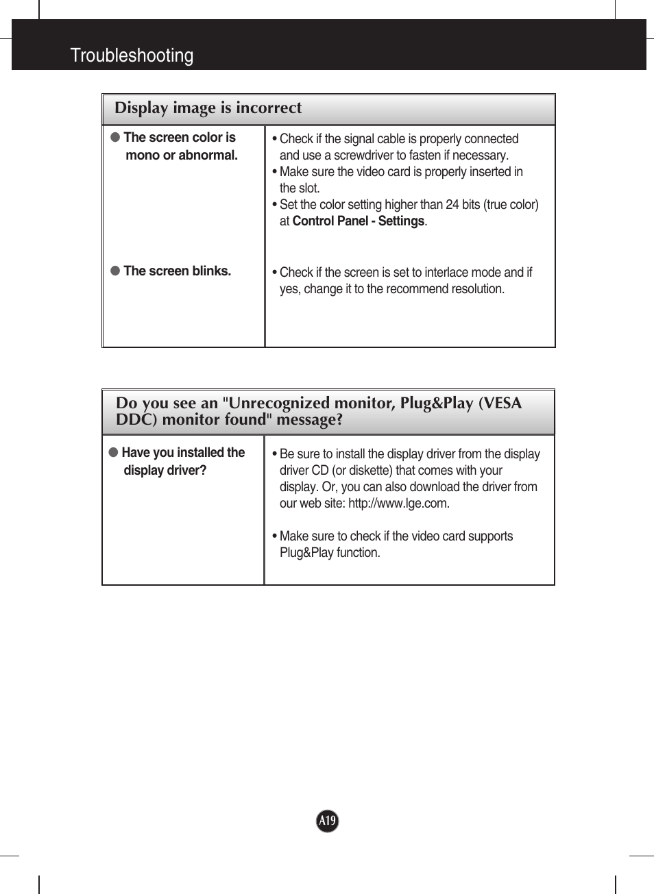 Troubleshooting | LG L1942SE-BF User Manual | Page 20 / 25