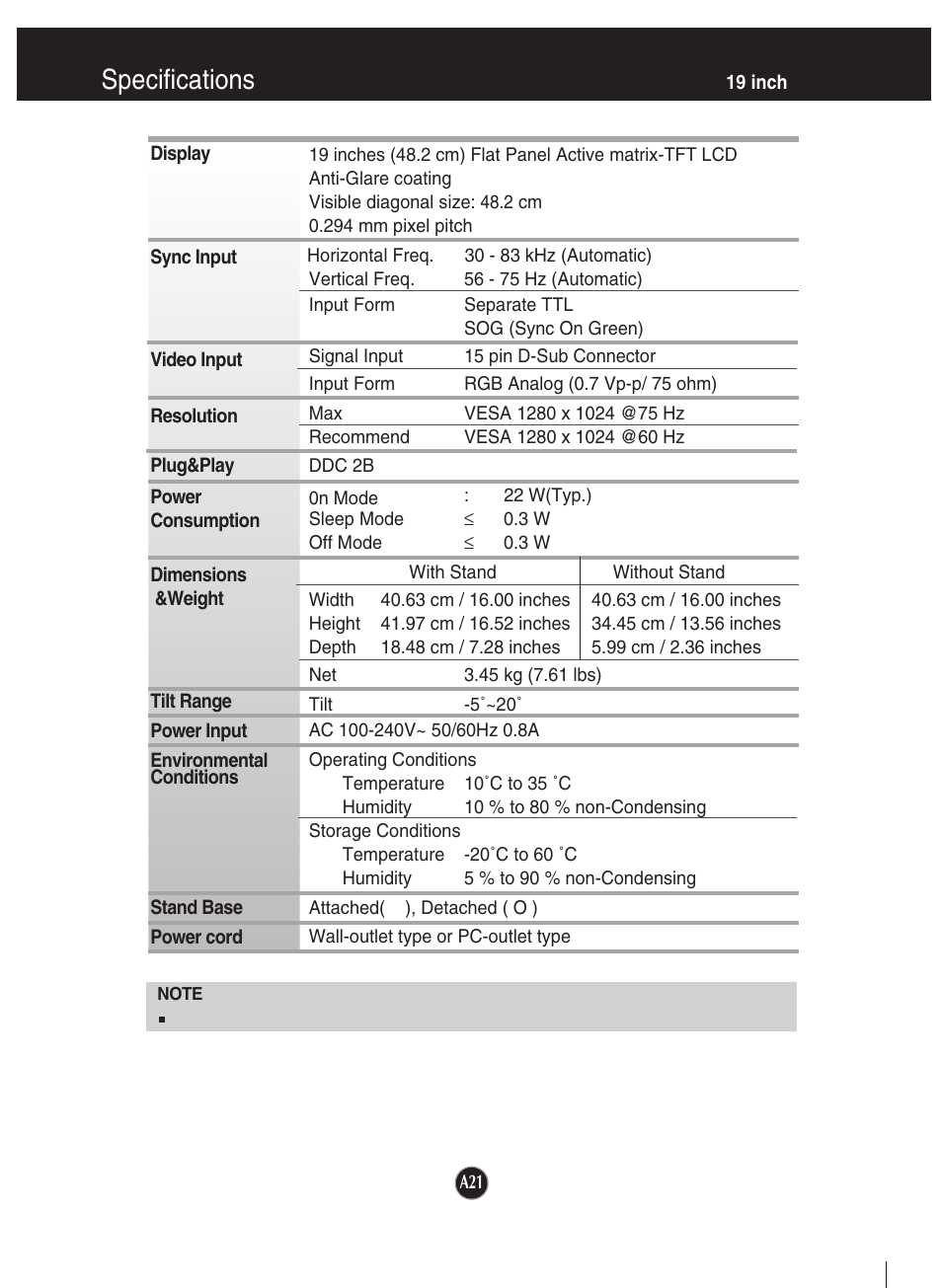 19 inch, Specifications | LG L1942SE-BF User Manual | Page 22 / 25