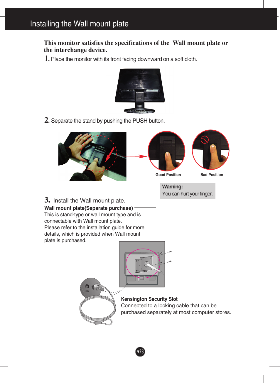 Installing the wall mount plate | LG L1942SE-BF User Manual | Page 24 / 25