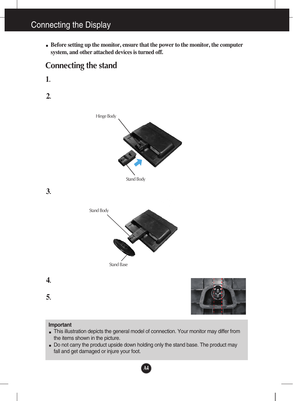 Connecting the display, Connecting the stand | LG L1942SE-BF User Manual | Page 5 / 25