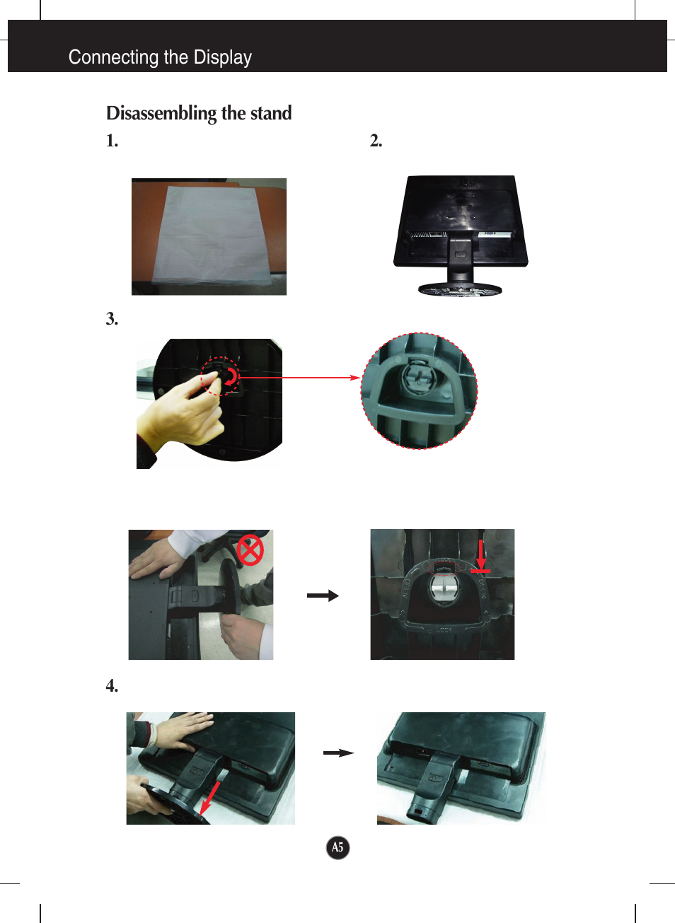 Disassembling the stand, Connecting the display disassembling the stand | LG L1942SE-BF User Manual | Page 6 / 25