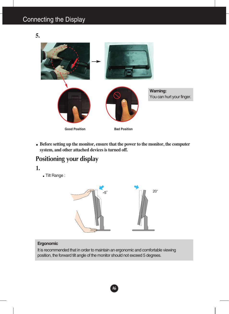 Positioning your display, Connecting the display | LG L1942SE-BF User Manual | Page 7 / 25