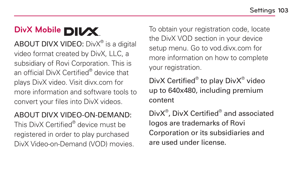 Divx mobile | LG US730 User Manual | Page 103 / 200