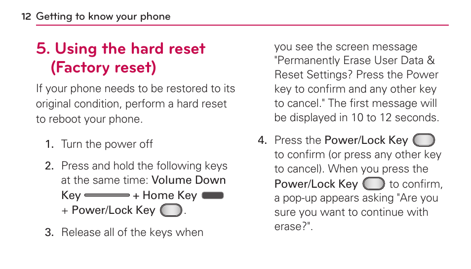 Using the hard reset (factory reset) | LG US730 User Manual | Page 12 / 200