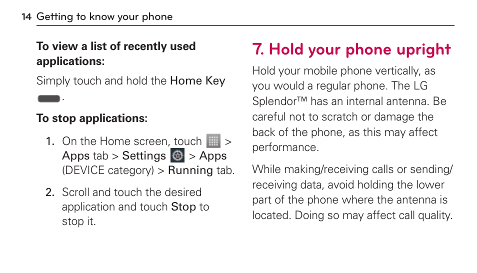 Hold your phone upright | LG US730 User Manual | Page 14 / 200