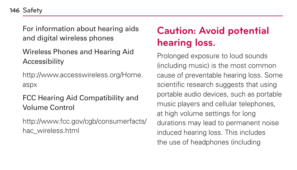 Caution: avoid potential hearing loss | LG US730 User Manual | Page 146 / 200