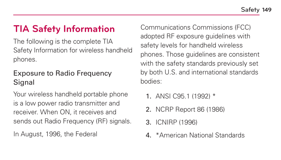 Tia safety information | LG US730 User Manual | Page 149 / 200