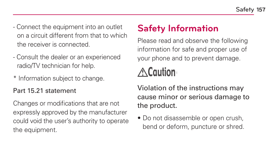 Caution, Safety information | LG US730 User Manual | Page 157 / 200